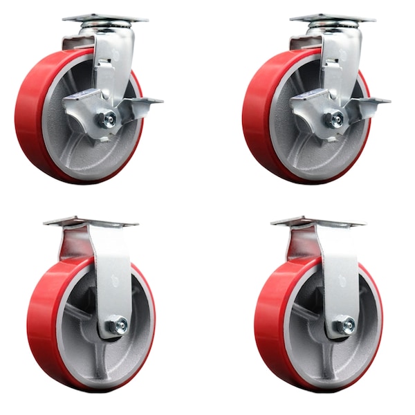 6 Inch Red Poly on Cast Iron Caster Set with Roller Bearings 2 Brakes 2 Rigid